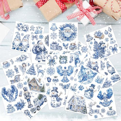UV DTF Winter Rub on Transfers, 12 Pcs Blue Porcelain Furniture Decals - style: Blue Porcelain