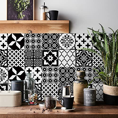 Easy Peel Stick Vinyl wall Tile Decals 6x6in Stick on backsplash,12Pc - color: Black White 6x6