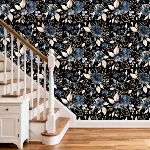 Black Gold Floral Peel and Stick Wallpaper 17.7"x78.8" - color: Black/Gold/Navy Blue/Beige, size: 17.7" x 78.8"