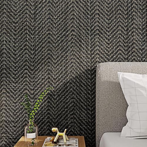 FunStick 15.8"x240" Black and Gold Grasscloth Wallpaper Self Adhesive Fabric Peel and Stick Wallpaper Geometric Wallpaper Removable Modern Herringbone Contact Paper for Bedroom Cabinets Desk Shelves - size: 15.8" x 240"