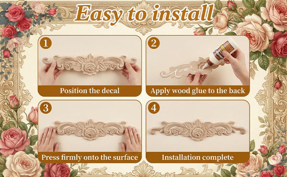 4 Pcs Wood Appliques, Wooden Applique (7.9 x 1.9 Inch)
