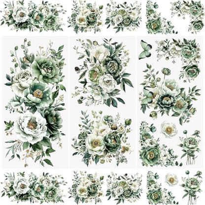 WANDIC 3 Sheets Rub On Transfer Stickers, Green Flowers Pattern Waterproof Decals Furniture Craft Embellishments for DIY Scrapbooking Photo Albums,15 * 30cm - color: Green