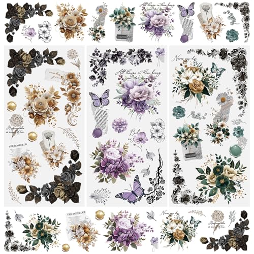 WANDIC 3 Sheets Rub on Transfers Stickers for Furniture,Vintage Flowers.Transfer Decals Waterproof Decorative Stickers for DIY Crafts, Cups, Scrapbooks,15x30cm - color: Retro Floral, size: 3 Sheets