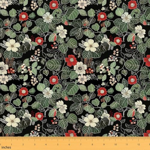 Flowers Black Red Floral Women Garden Fabric by The Yard 10 Yards Leaves - color: Black Red, size: 10 Yards