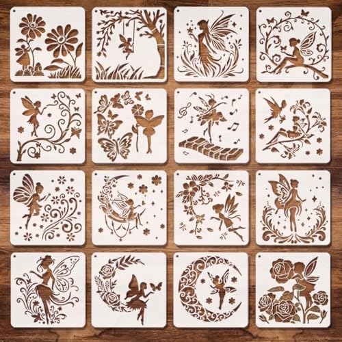 16 Pcs Fairy Stencils for Painting, Flower Wings for Journals 6 Inch - color: Fairy
