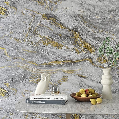 VEELIKE Grey Gold Liquid Marble Countertop Contact Paper Waterproof Peel and Stick for Kitchen 15.7''x354'' Matte Marble Wallpaper Self Adhesive Granite Vinyl for Bathroom Walls - size: 15.7" x 354"