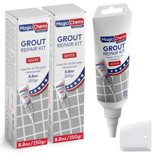 Magic Chems Tile Grout Repair Kit, White, 2 Pack, 8.8 oz (250g) Each – Fast-Drying Grout Filler, Grout Sealer & Tile Grout Paint for Bathroom Floors, Tile Gaps, Joints and Lines - color: White, size: 2 Pack