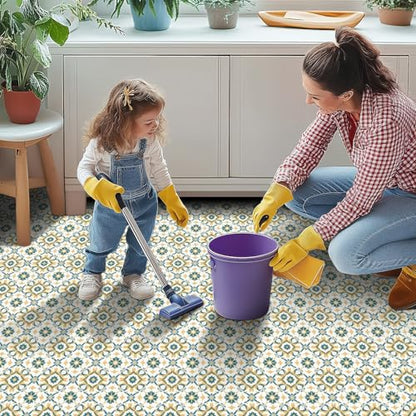 HOMETITUTE Retro Yellow Teal Floral Peel Stick Floor 12x12 Vinyl - color: Multicolor#9