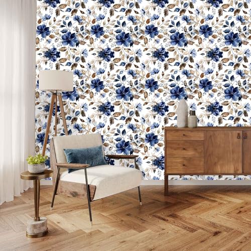 Modern Blue Floral Peel and Stick Wallpaper 17.7" x 124" - color: Blue/Brown, size: 17.7" x 124"