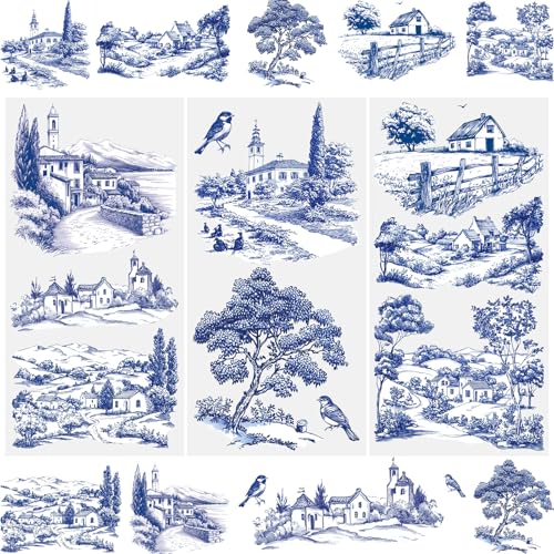 WANDIC 3 Sheets Rub On Transfer Stickers, Blue Outdoor Scenery Waterproof Decals Furniture Craft Decorative for DIY Scrapbooking Photo Albums,15 * 30cm - color: Blue Outdoor Scenery