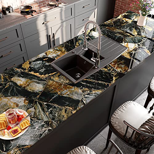 VEELIKE Slate Gold Marble Contact Paper for Countertops Waterproof Self Adhesive Countertop Contact Paper 24''x118'' Peel and Stick Countertops Black Marble Wallpaper for Bathroom Kitchen Counter Top - size: 24" x 118"