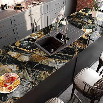 VEELIKE Slate Gold Marble Contact Paper for Countertops Waterproof Self Adhesive Countertop Contact Paper 24''x118'' Peel and Stick Countertops Black Marble Wallpaper for Bathroom Kitchen Counter Top - size: 24" x 118"