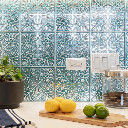 Peel and Stick Metal Tiles, Teal & Silver Leaves, 10-Pack - style: Teal and Silver Leaves