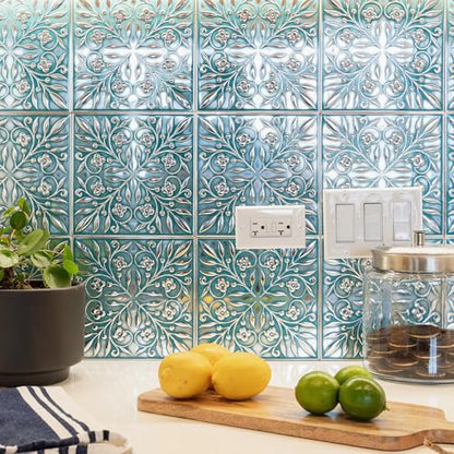 Peel and Stick Metal Tiles, Teal & Silver Leaves, 10-Pack - style: Teal and Silver Leaves