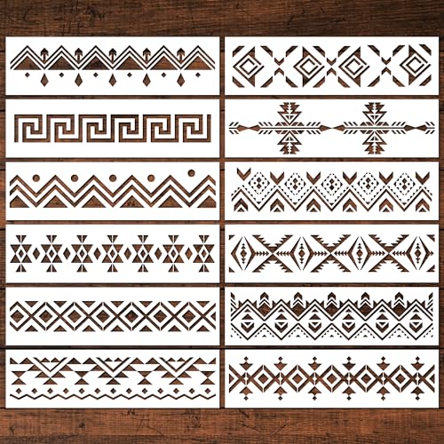 Keluna Aztec Stencils - 12 Pcs Boho Borders Pattern Stencils for DIY Wall & Wood Canvas Painting - style: aztec