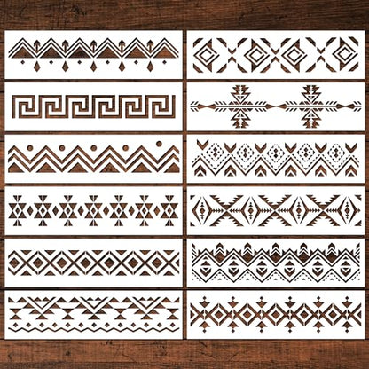 Keluna Aztec Stencils - 12 Pcs Boho Borders Pattern Stencils for DIY Wall & Wood Canvas Painting - style: aztec