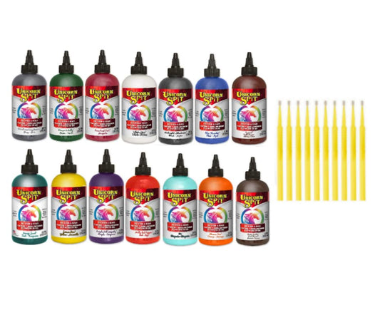 Unicorn SPiT Gel and Glaze Stain Complete Original Collection: 14, 8oz. Bottles with 10 Trebbies Fine Detail Sticks