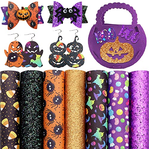 7 Pieces Halloween Faux Leather Sheets, Purple Black Glitter Synthetic Leather Sheets Earrings and Bows, Bat Spider Candy Faux Leather Fabric for Halloween DIY Crafts Making Hair Bows Handmade Bag - color: 7 Piece