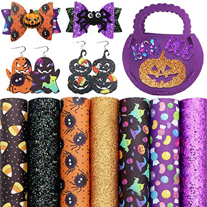 7 Pieces Halloween Faux Leather Sheets, Purple Black Glitter Synthetic Leather Sheets Earrings and Bows, Bat Spider Candy Faux Leather Fabric for Halloween DIY Crafts Making Hair Bows Handmade Bag - color: 7 Piece