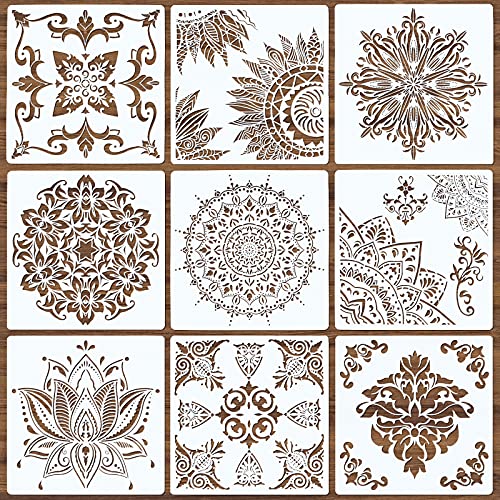 Mandala Stencils, 9 Pack Large Reusable Painting Templates 12x12 Inch