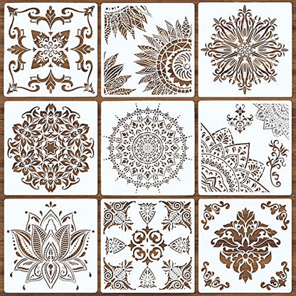 Mandala Stencils, 9 Pack Large Reusable Painting Templates 12x12 Inch