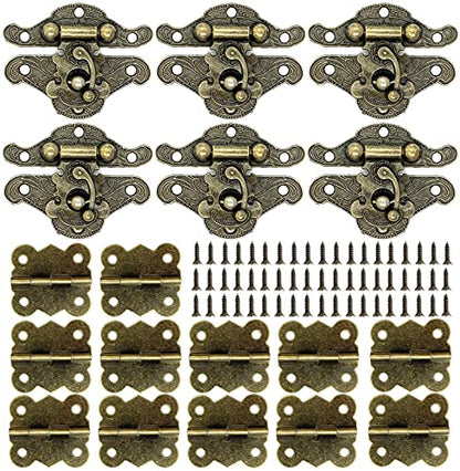6Set Jewelry Box Hinges & Antique Hasp Latch, Butterfly Hinge Style