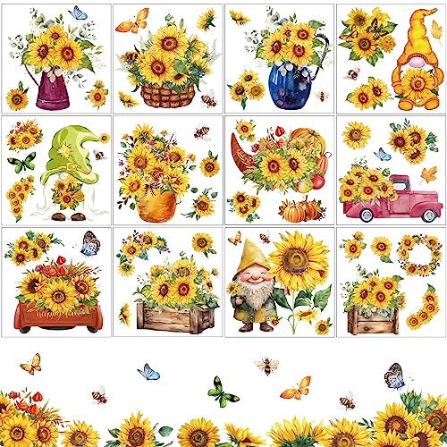 12 Sheets Sunflower Rub on Transfer Flower Decor Transfer Stickers Spring Fall Holiday Rub on Decals for Christmas Wood Furniture and Craft Journal Envelope Scrapbooking, 5.9 x 5.9 Inch - style: Sunflower