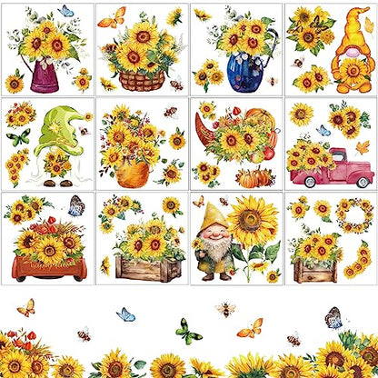 12 Sheets Sunflower Rub on Transfer Flower Decor Transfer Stickers Spring Fall Holiday Rub on Decals for Christmas Wood Furniture and Craft Journal Envelope Scrapbooking, 5.9 x 5.9 Inch - style: Sunflower