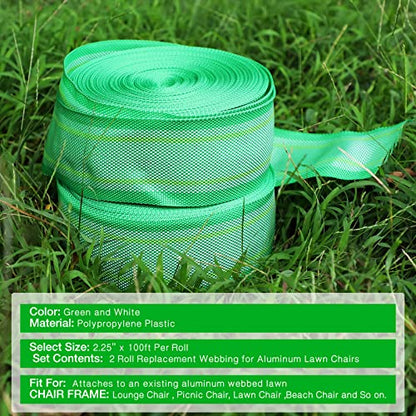 HESTYA 2 Rolls 2 1/4 Inch x 100 Feet Lawn Chair Webbing Folding Polypropylene Webbing for Outdoor Furniture Seat Repair Replacement - color: Green White