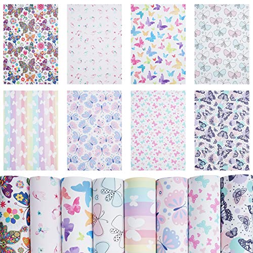 8 Pieces 8x12 Inch(21x30cm) Butterfly Pattern Printed Faux Leather Fabric Sheets Cotton Back for Leather Bows and Earrings Making, Each Pattern One Sheet, in Total 8 Sheets - color: Butterfly Pattern