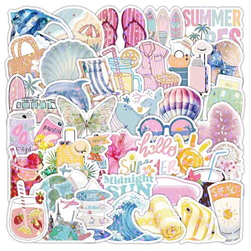 50PCS Holographic Summer Beach Stickers, Waterproof Vinyl Aesthetic Tropical Decals for Scrapbooking, Journaling, Water Bottles, Laptops, Envelopes, Pastel Vacation & Ocean Stickers for Teens - color: Holographic Summer Beach-5
