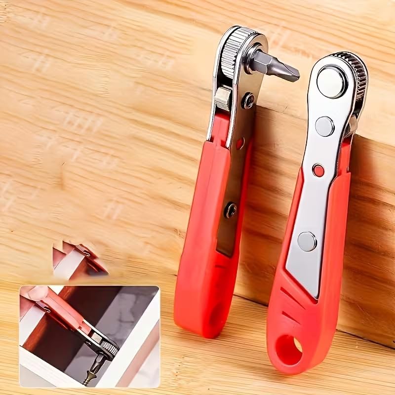 2PCS Steel Screwdriver, Suitable for Narrow Spaces, Non-Motorized Red Right Angle Tool with Ratchet Forward/Reverse Function, Red - color: Red