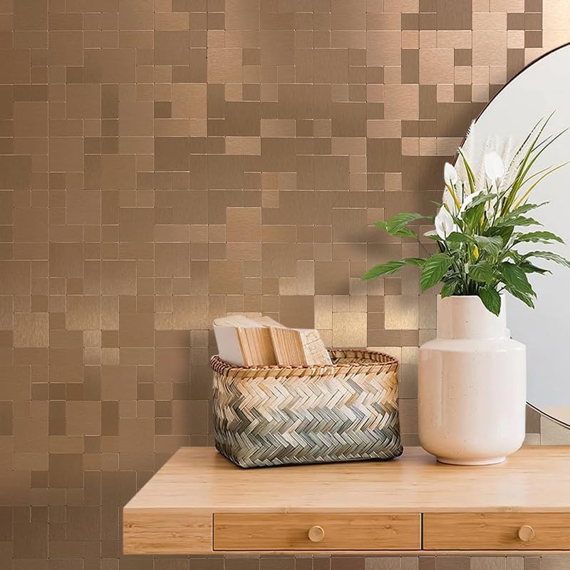 DICOFUN 1 Sheet Copper Peel and Stick Tile Backsplash, Stainless Steel Kitchen Metal Backsplash Tile, Stick on Backsplash for Stove, Brushed Gold - color: Brushed Aluminum Copper, size: 1 Sheet, 12"x12"x0.12"