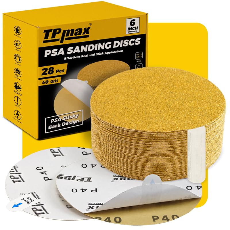 TPmax 6-Inch 40-Grit Gold PSA Sanding Discs, 28 Pack – Pro-Grade Self-Adhesive Stickyback Sandpaper with Quick-Release Tabs for DA Sander, Coarse Automotive/Wood/Metal Sanding - style: 40 Grit