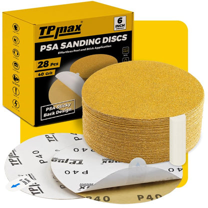 TPmax 6-Inch 40-Grit Gold PSA Sanding Discs, 28 Pack – Pro-Grade Self-Adhesive Stickyback Sandpaper with Quick-Release Tabs for DA Sander, Coarse Automotive/Wood/Metal Sanding - style: 40 Grit
