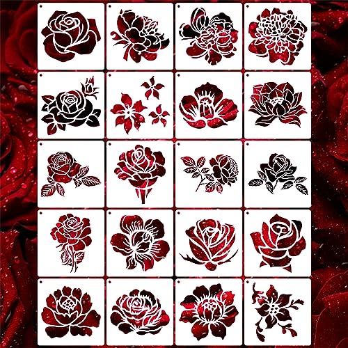 20 Pieces Rose Flower Stencils for Painting on Wood Reusable Floral Stencil for Craft Border Flowers Drawing Template Stencil for Canvas Wall Paper Furniture DIY Scrapbooks Crafts Home Decor (Rose)
