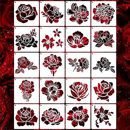 20 Pieces Rose Flower Stencils for Painting on Wood Reusable Floral Stencil for Craft Border Flowers Drawing Template Stencil for Canvas Wall Paper Furniture DIY Scrapbooks Crafts Home Decor (Rose)
