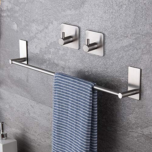 Taozun 16-Inch Self-Adhesive Towel Bar with 2 Pack Hooks, Stainless Steel - color: Silver, size: 16-Inch