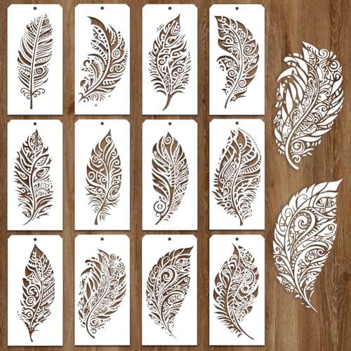 12 Pcs Painting Stencils, 12 Styles Feathers Pattern Stencil Templates Reusable Craft Templates for Painting on Wall Decor Fabric Wood Canvas - style: Feathers