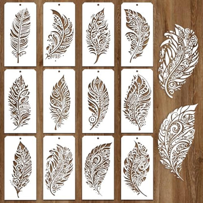 12 Pcs Painting Stencils, 12 Styles Feathers Pattern Stencil Templates Reusable Craft Templates for Painting on Wall Decor Fabric Wood Canvas - style: Feathers