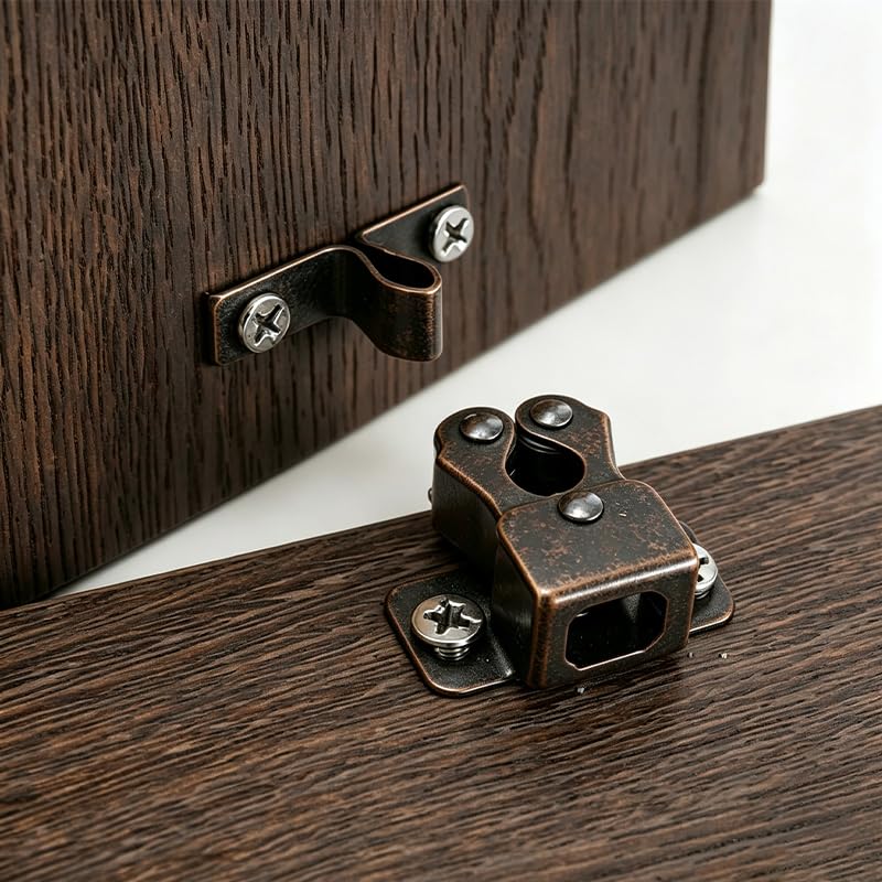 2 Pcs Cabinet Latch with Screws, Double Roller Catch Hardware for Closet Cupboard Doors, Heavy Duty Bronze Finish for Kitchen & Bathroom Cabinets