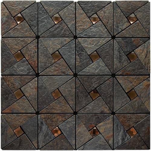 DICOFUN 1 Sheet Rustic Slate Look Peel and Stick Backsplash Tile, Mixed Glass Self-Adhesive Mosaic Tiles, Stainless Steel Stick on Wall Tiles for Kitchen and Bathroom Backspalsh, Mirror Decor - color: Rustic Slate and Glass, size: 1 Sheet, 12"x12"x0.12"