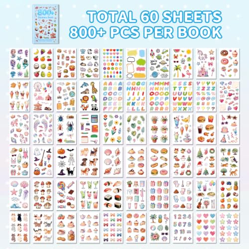 Cute Sticker Book,Set of 2 Sticker Books, Kawaii Aesthetic Stickers with Flowers,Donuts,Cats,Balloons,Y2K,Plants and Sweet Desserts,Scrapbooking Stickers for Journals,Water Bottles,Notebooks