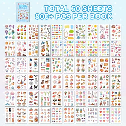 Cute Sticker Book,Set of 2 Sticker Books, Kawaii Aesthetic Stickers with Flowers,Donuts,Cats,Balloons,Y2K,Plants and Sweet Desserts,Scrapbooking Stickers for Journals,Water Bottles,Notebooks