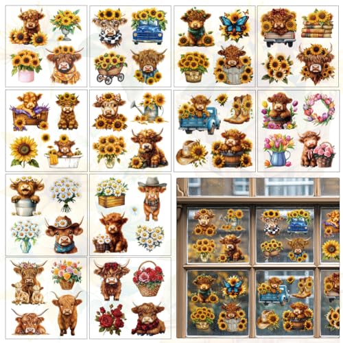 12 Sheets Highland Cow Rub on Transfers for Crafts Sunflowers Rub on Transfers for Furniture Floral Transfers Decal Stickers for Wood Glass Window DIY Craft Office Home Decor 5.5"x5.5" - style: Highland cows