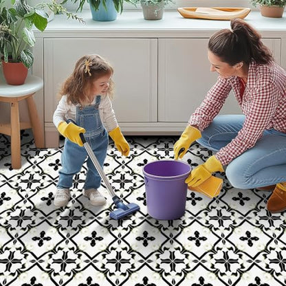 HOMETITUTE Black White Lily Peel Stick Floor Tile 12x12 Vinyl - color: Black and White