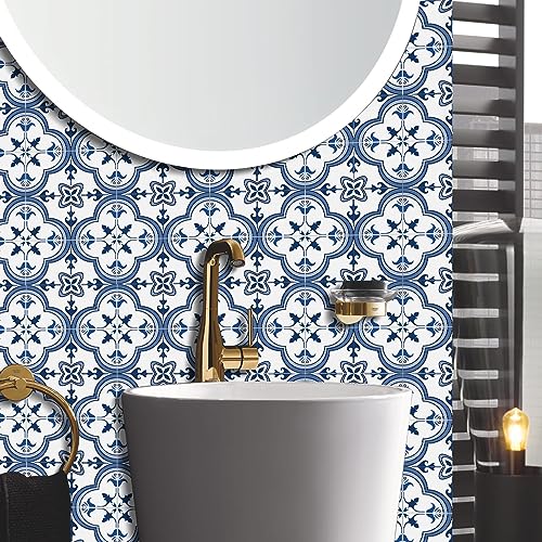 Vinyl Peel and Stick wall Tile Decals 6x6in Stick on backsplash,12Pc - color: Navy Blue and White 6x6
