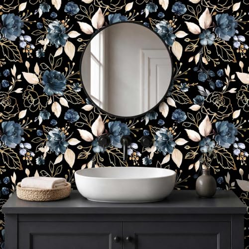 Black Gold Floral Peel and Stick Wallpaper 17.7"x78.8" - color: Black/Gold/Navy Blue/Beige, size: 17.7" x 78.8"