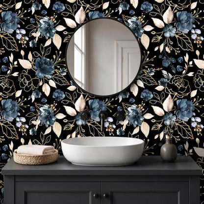 Black Gold Floral Peel and Stick Wallpaper 17.7"x78.8" - color: Black/Gold/Navy Blue/Beige, size: 17.7" x 78.8"