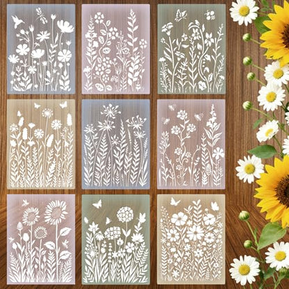 9 Pcs Large Wildflower Wall Stencils for Painting 11x14.5 Inch - style: Wildflower